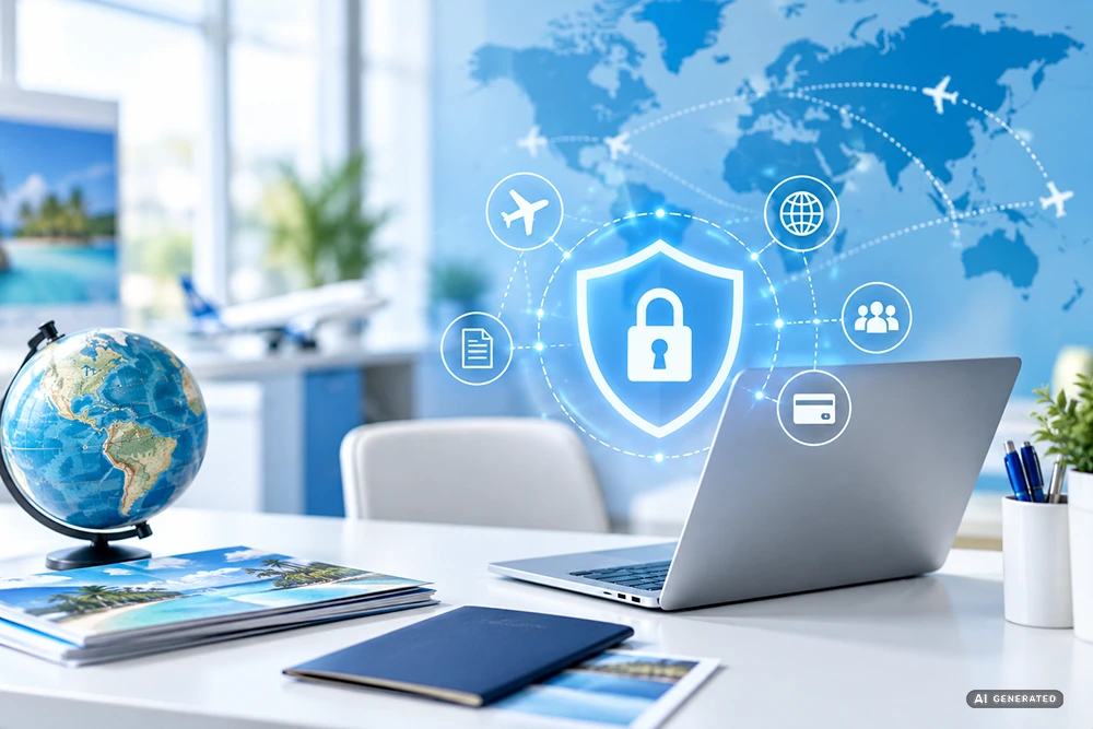 Cybersecurity im Reisebüro mit Laptop, Schutzschild und digitalen Reisesymbolen